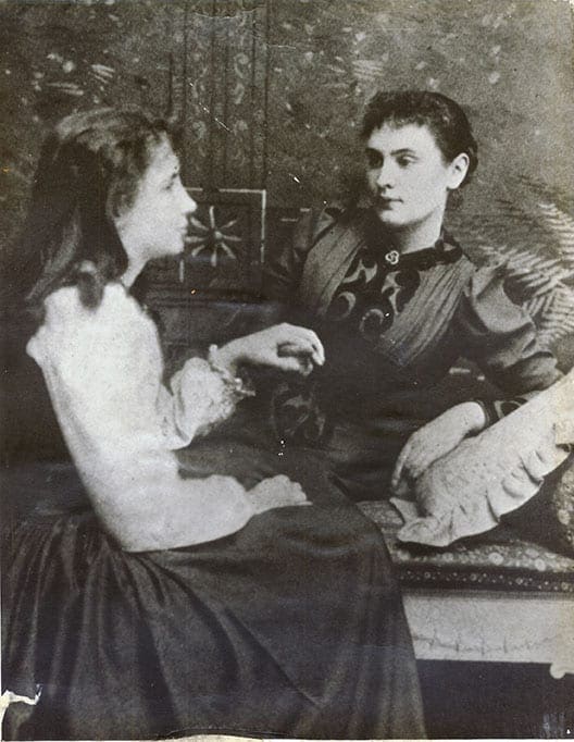 Helen Keller, left, learned to communicate thanks to the efforts of her teacher Anne Sullivan, right